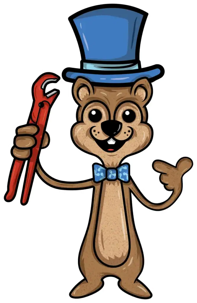 Cartoon bear wearing a blue top hat and bow tie, holding a red pipe wrench in one hand and pointing with the other.