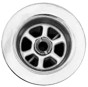 Close-up view of a metal sink drain with a circular grate pattern, shot from directly above.