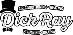 Logo for "Dick Ray" with a top hat and bowtie graphic. Text reads: "Air Conditioning • Heating • Plumbing • Drains.